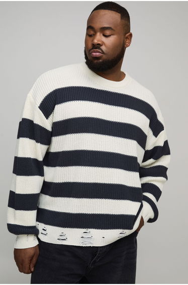 Plus Boxy Distressed Striped Knitted Jumper - ecru