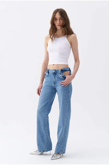 Zipper Closure Window Jean Trousers