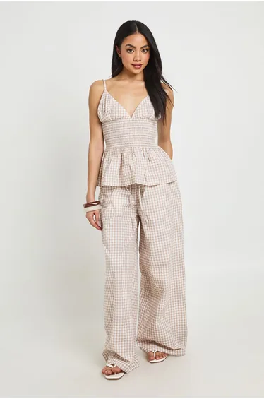 Gingham Seersucker Wide Leg Trouser - brown