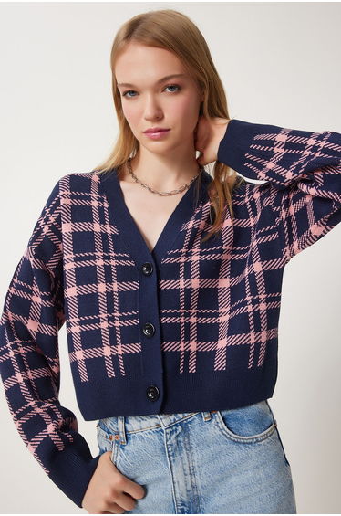 Women's Navy Blue V Neck Plaid Knitwear Cardigan