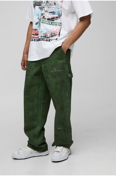 Relaxed Fit Vintage Overdye Carpenter Trousers - green