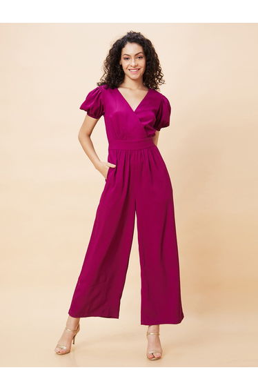 Solid Wrap V-Neck Puff Sleeves Jumpsuit with Waist Tie-Up
