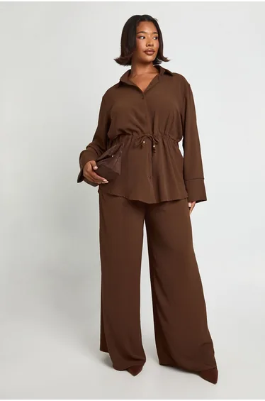 Plus Woven Tie Waist Shirt & Trouser Co Ord - chocolate