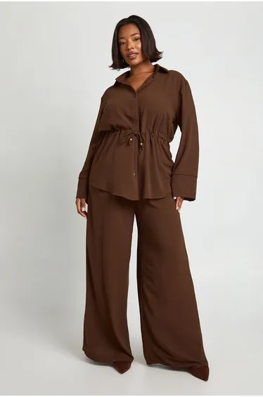 Plus Woven Tie Waist Shirt & Trouser Co Ord - chocolate