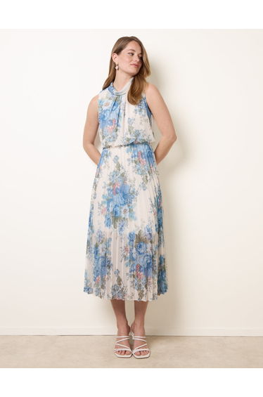 Printed Sleeveless Cowl Neck Pleated Dress