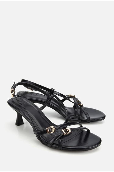 Women's black patent leather gold buckle thin strap low heel sandals