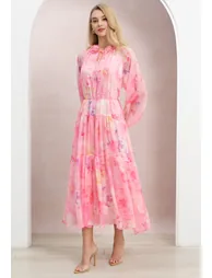 Petal Neckline Bubble Sleeve Watercolor Chiffon Maxi Dress in Pink for Sunday Outings & Cafe Hopping - 2
