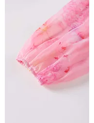 Petal Neckline Bubble Sleeve Watercolor Chiffon Maxi Dress in Pink for Sunday Outings & Cafe Hopping - 7