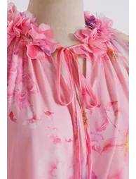Petal Neckline Bubble Sleeve Watercolor Chiffon Maxi Dress in Pink for Sunday Outings & Cafe Hopping - 5