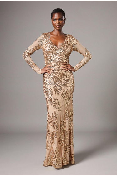 Long Sleeve Floral Sequin Maxi Dress