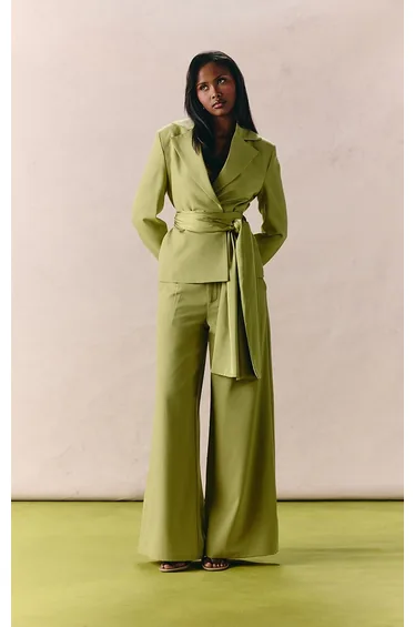 Apple Green Woven Oversized Satin Belted Blazer
