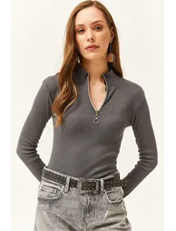 Women's Anthracite Zipper Turtleneck Lycra Blouse - 1