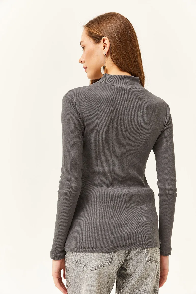 Women's Anthracite Zipper Turtleneck Lycra Blouse - 3