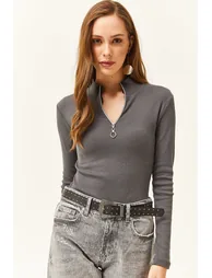 Women's Anthracite Zipper Turtleneck Lycra Blouse