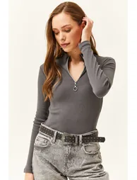 Women's Anthracite Zipper Turtleneck Lycra Blouse - 2
