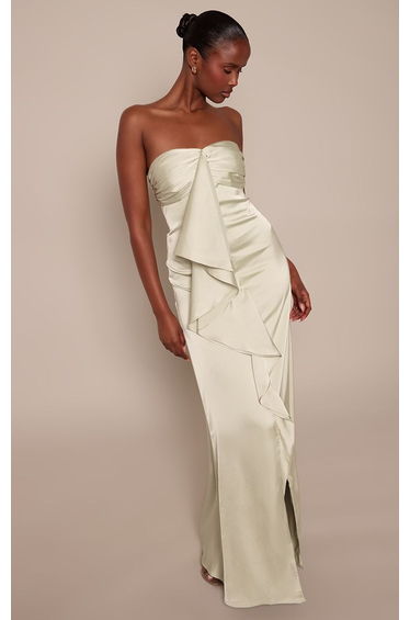 Sage Green Bandeau Satin Drape Detail Maxi Dress
