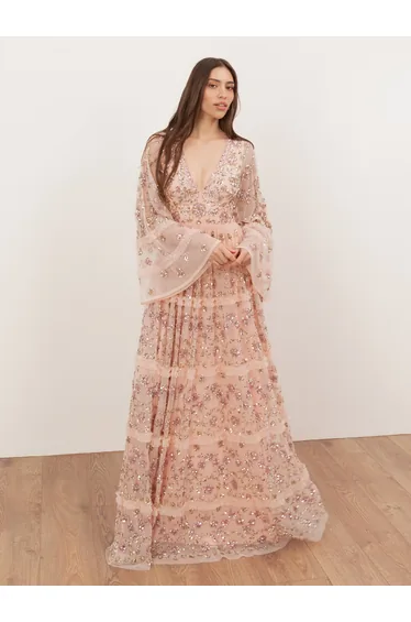 Maya Peach Fully Embellished Flared Maxi Sleeve Maxi Dress