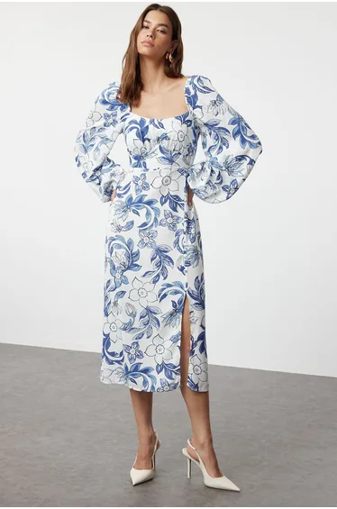 Blue Abstract Blue Floral Patterned Midi Woven Dress