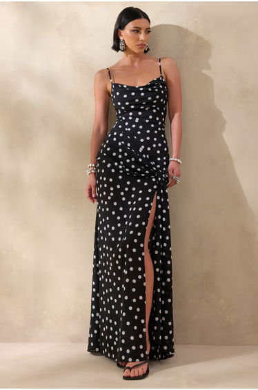 Virtue | Black & White Polka Dot Cowl-Neck Fishtail Maxi Dress With Split