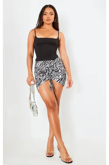 Black Zebra Print Ruched Front Skirt