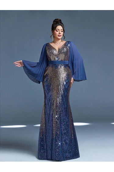 Leely Plus Women's Elegant V Neck Flare Sleeve Party Dress