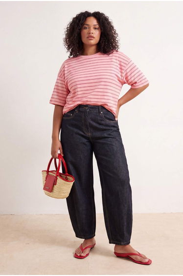 Pink Striped Boxy/Relaxed Fit Short Sleeve Cotton Blend Knitted T-Shirt Tbbss26Bf00088