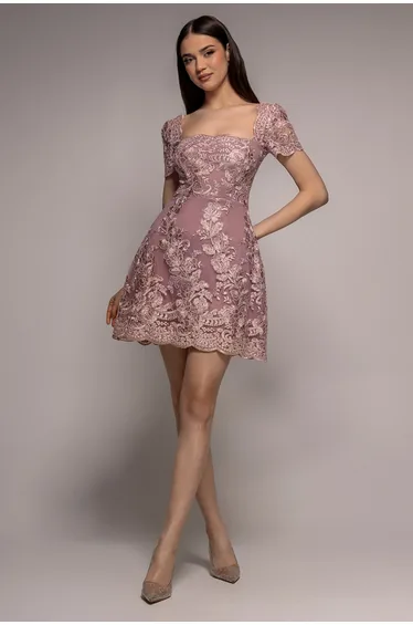 Scallop Edge Corset Back Structured Lace Mini Dress - Pink by Goddiva