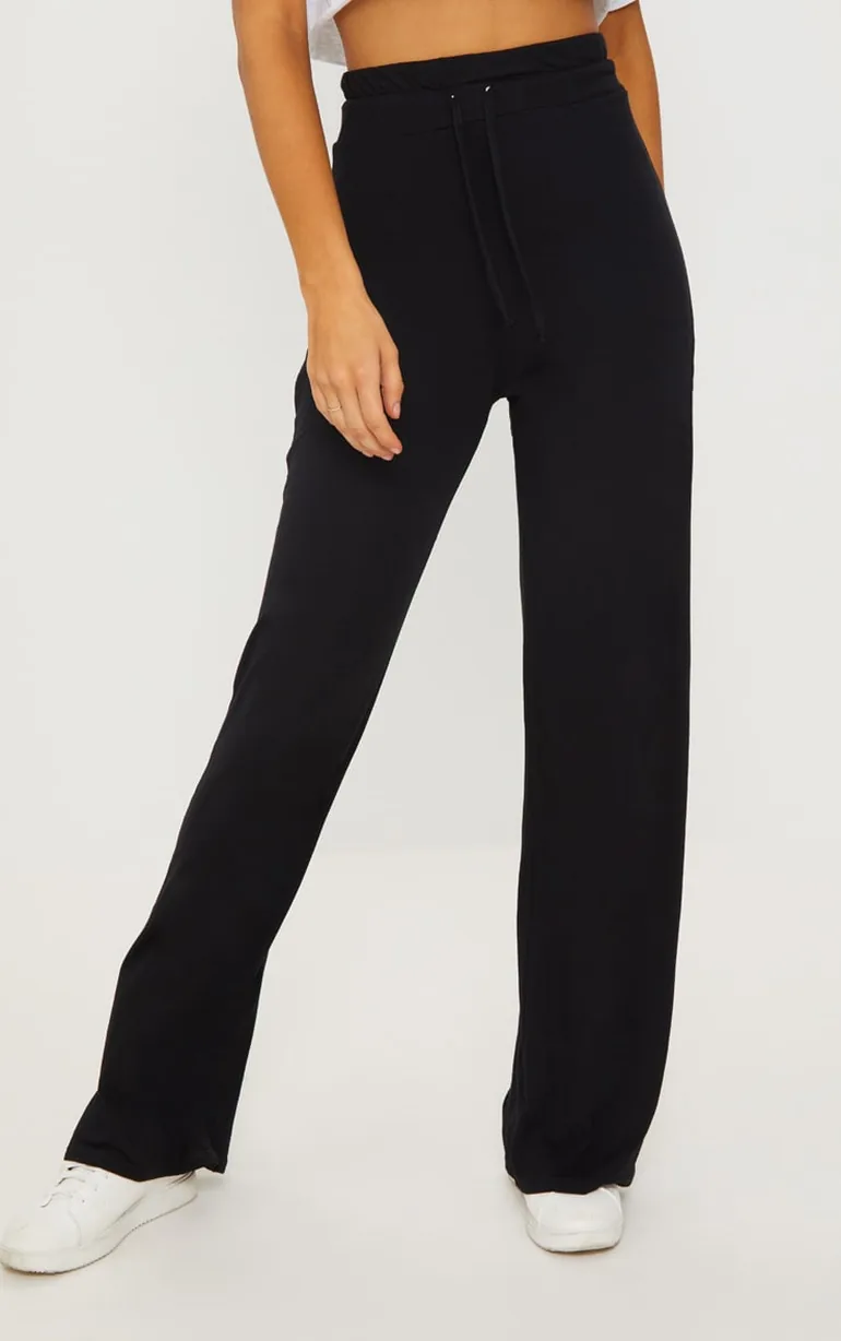 Black Drawstring Jersey Wide Leg Jogger - 1
