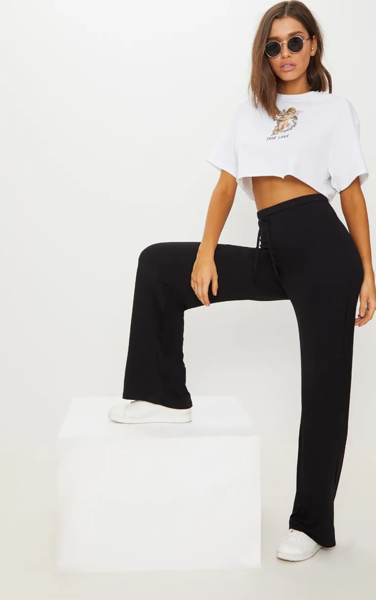 Black Drawstring Jersey Wide Leg Jogger