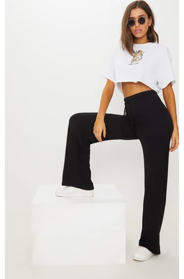Black Drawstring Jersey Wide Leg Jogger