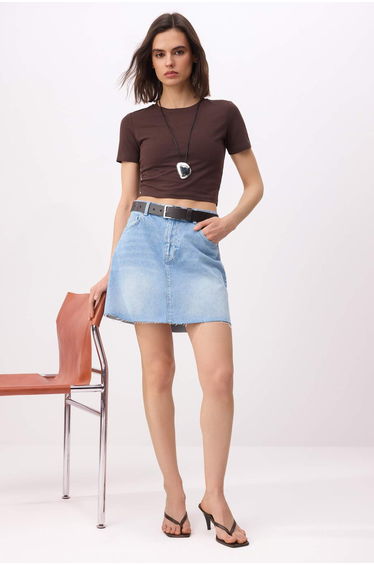 Premium Light Blue Special Fabric Belted Slightly Stretch Mini Denim Skirt