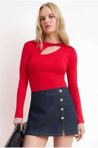 Red Fitted/Bodycon Long Sleeve Soft Knitted Blouse