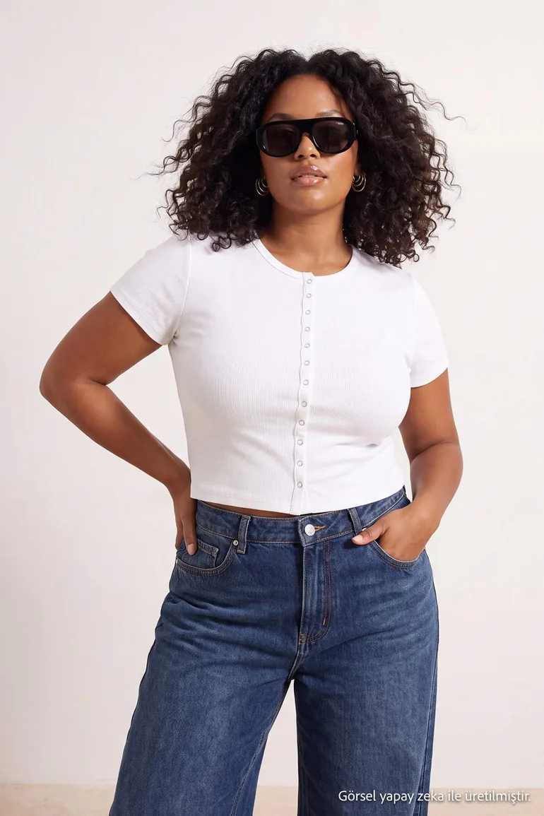 Ecru Soft Buttoned Snap Fastener Short Sleeve Knitted Plus Size Blouse - 1