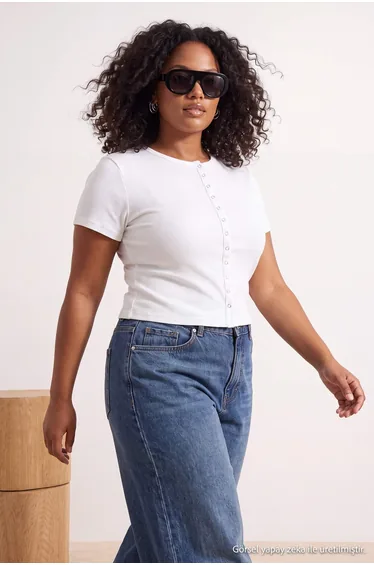 Ecru Soft Buttoned Snap Fastener Short Sleeve Knitted Plus Size Blouse
