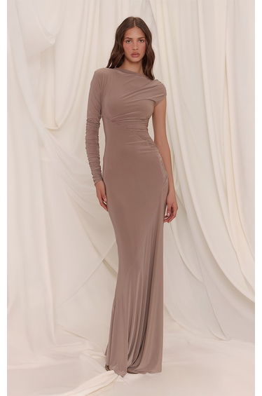 Stone Slinky Ruched Seam Asymmetric Maxi Dress