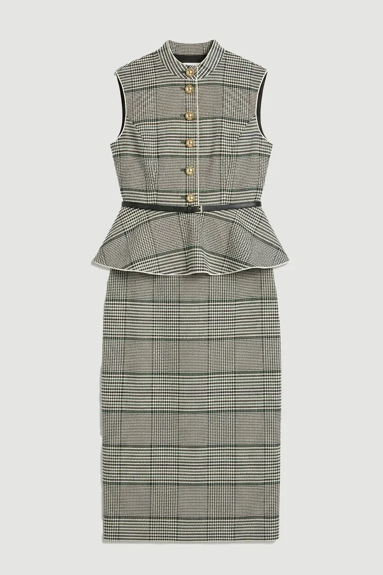 Tailored Check Peplum Belted Midi Dress - 3