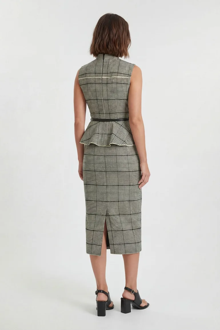 Tailored Check Peplum Belted Midi Dress - 2