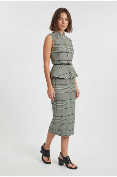 Tailored Check Peplum Belted Midi Dress