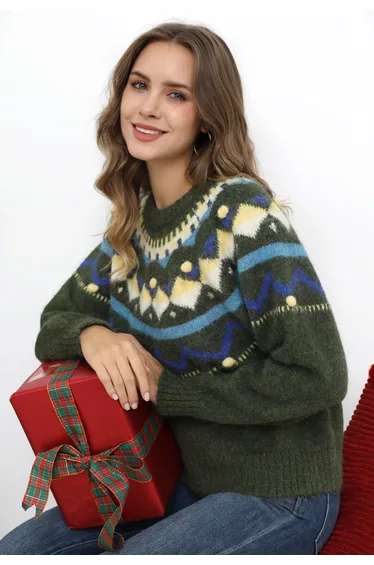 Pom-Pom Nordic Geometric Pattern Knit Sweater in Army Green