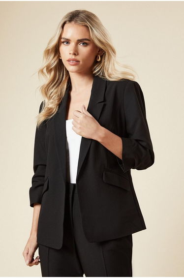 Petite Black Ruched Sleeve Blazer
