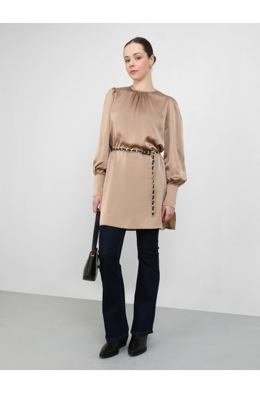 Satin Balloon Sleeve Belted Longline Blouse