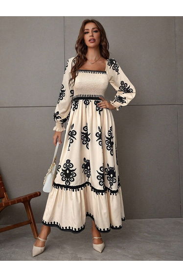 Women Beige Printed Square Neck Maxi Dress