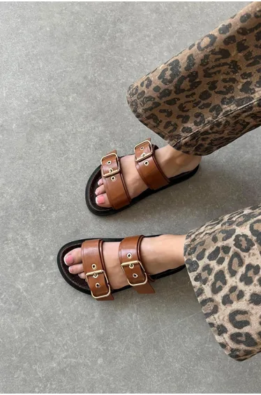 Gita Women's Buckle Detail Daily Comfort Leather Slippers Brown