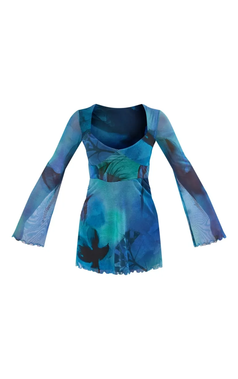 Blue Blur Floral Print Mesh Underbust Detail Shift Dress - 4