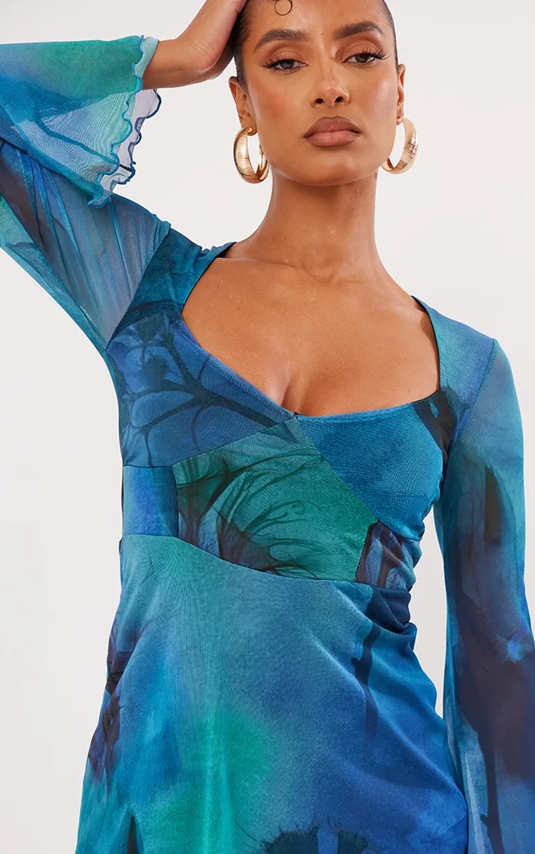 Blue Blur Floral Print Mesh Underbust Detail Shift Dress - 3
