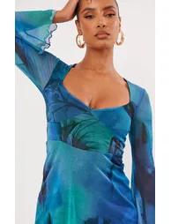 Blue Blur Floral Print Mesh Underbust Detail Shift Dress - 3