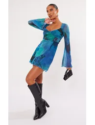 Blue Blur Floral Print Mesh Underbust Detail Shift Dress - 2