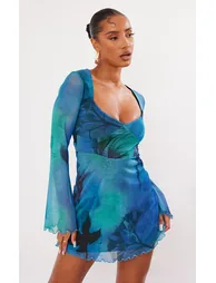 Blue Blur Floral Print Mesh Underbust Detail Shift Dress