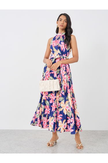 Sleeveless Floral Print Pleated Belted Maxi Dress