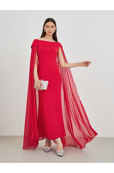 Solid Off Shoulder Neck Cape Sleeve Bodycon Maxi Dress